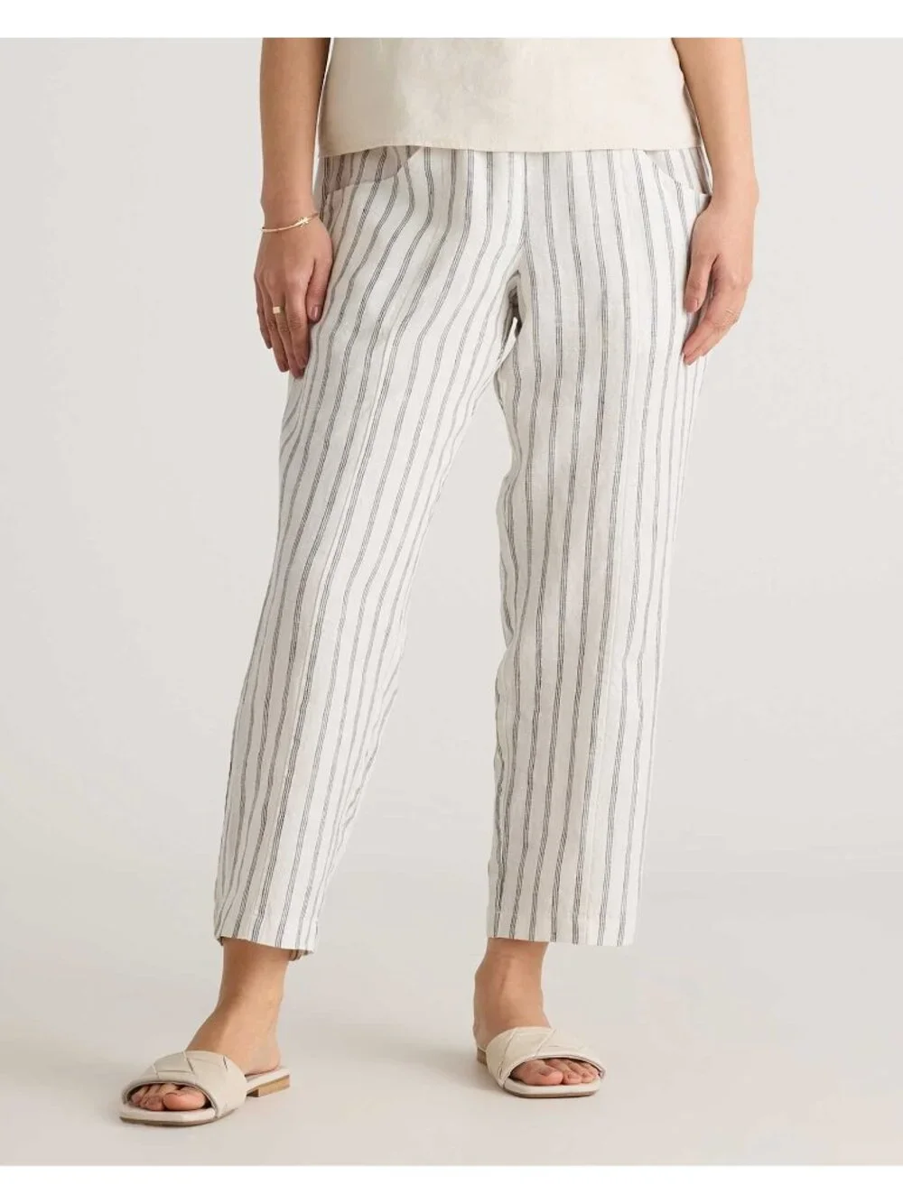 Quince women's XL black stripe 100% European linen tapered ankle pant lagenlook
